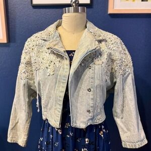 Vtg Denim Jacket Crop Beaded Fringe Pearls Sequins Lace Embellished 80s 90s XS S